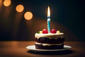 un' compleanno torta con un' singolo candela su superiore. ai-generato foto