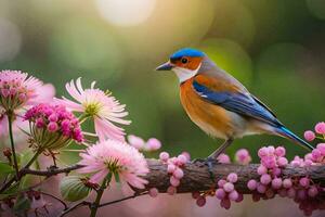 un' blu e arancia uccello è arroccato su un' ramo con rosa fiori. ai-generato foto