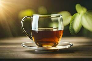 un' tazza di tè su un' di legno tavolo. ai-generato foto