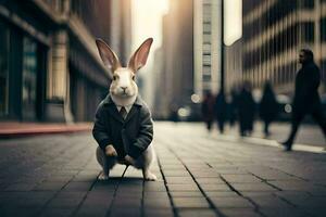un' coniglio indossare un' completo da uomo e cravatta su il strada. ai-generato foto