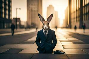 un' coniglio indossare un' completo da uomo e cravatta nel il mezzo di un' città. ai-generato foto
