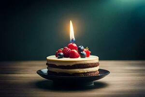 un' compleanno torta con frutti di bosco e un' illuminato candela. ai-generato foto