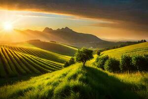 il sole brilla al di sopra di un' verde campo e montagne. ai-generato foto