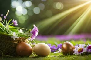 Pasqua uova nel un' cestino. ai-generato foto