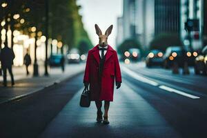 un' coniglio indossare un' rosso cappotto e Tenere un' ventiquattrore passeggiate giù un' città strada. ai-generato foto