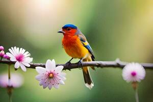 un' colorato uccello si siede su un' ramo con rosa fiori. ai-generato foto