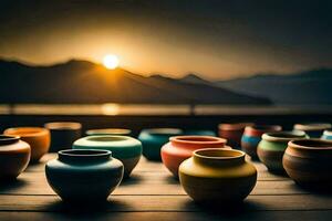 colorato vasi su un' di legno tavolo con il sole ambientazione dietro a loro. ai-generato foto