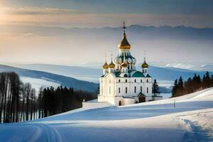 un' Chiesa nel il neve con un' d'oro cupola. ai-generato foto