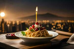 un' candela su un' piatto con un' piatto di spaghetti. ai-generato foto
