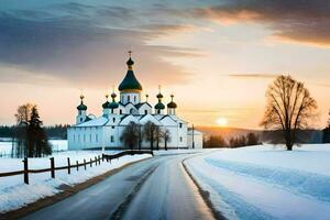 un' strada principale per un' Chiesa nel il neve. ai-generato foto