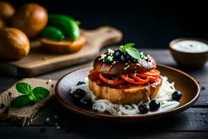 un' piatto con un' hamburger e verdure su esso. ai-generato foto