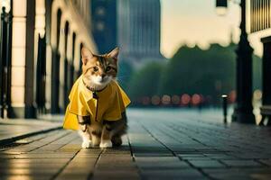 un' gatto indossare un' giallo giacca su un' strada. ai-generato foto