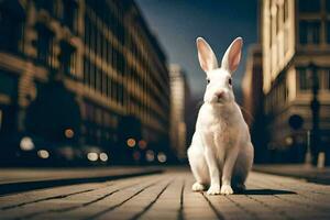 un' bianca coniglio seduta su il strada nel davanti di alto edifici. ai-generato foto