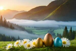 Pasqua uova nel il montagne. ai-generato foto