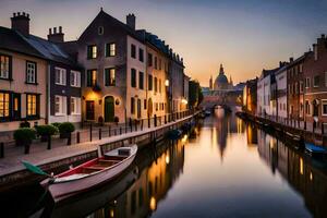 un' canale nel il mezzo di un' città a tramonto. ai-generato foto