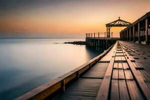 un' molo a tramonto con un' gazebo nel il sfondo. ai-generato foto