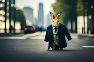 un' coniglio vestito nel un' completo da uomo e cravatta in piedi su il strada. ai-generato foto