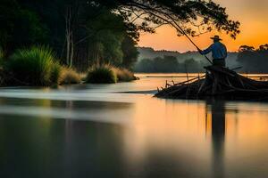 un' uomo pesca nel il fiume a tramonto. ai-generato foto