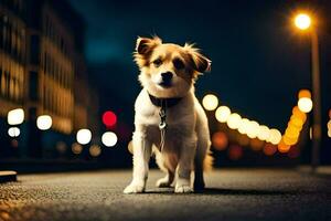 un' cane in piedi su il strada a notte. ai-generato foto