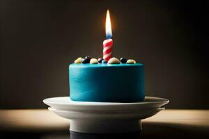 un' blu compleanno torta con un' singolo candela. ai-generato foto