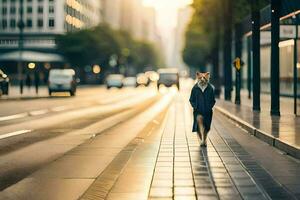 un' donna a piedi giù un' città strada con un' cane. ai-generato foto