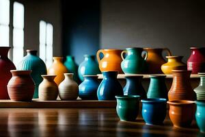 un' collezione di colorato vasi su un' tavolo. ai-generato foto