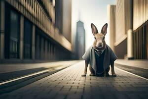 un' coniglio nel un' completo da uomo e cravatta in piedi su un' strada. ai-generato foto