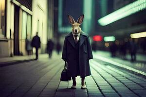 un' coniglio vestito nel un' completo da uomo e cravatta è a piedi giù un' città strada. ai-generato foto