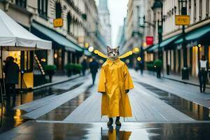 un' Volpe indossare un' giallo impermeabile su un' piovoso strada. ai-generato foto