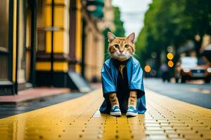 un' gatto nel un' blu giacca seduta su il strada. ai-generato foto