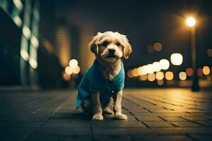 un' cane indossare un' blu camicia su il strada a notte. ai-generato foto