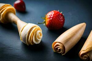 un' di legno cucchiaio con un' fragola su esso. ai-generato foto