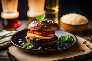 un' hamburger con formaggio, pomodori e altro ingredienti su un' piatto. ai-generato foto