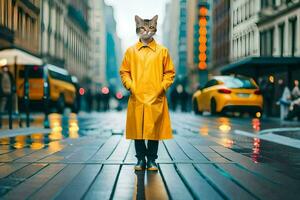 un' gatto indossare un' giallo impermeabile su un' piovoso strada. ai-generato foto