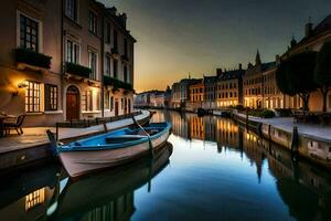 un' barca si siede su il acqua nel un' canale a tramonto. ai-generato foto