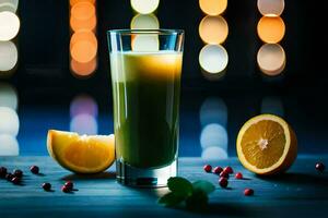 un' bicchiere di verde succo con arance e frutti di bosco. ai-generato foto