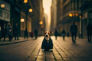 un' cane nel un' giacca in piedi su un' strada. ai-generato foto