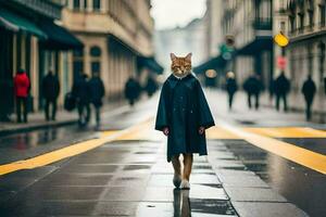 un' Volpe nel un' cappotto a piedi giù un' strada. ai-generato foto