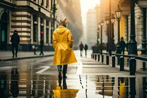 un' donna nel un' giallo impermeabile a piedi giù un' strada. ai-generato foto