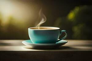 un' tazza di caffè su un' di legno tavolo. ai-generato foto