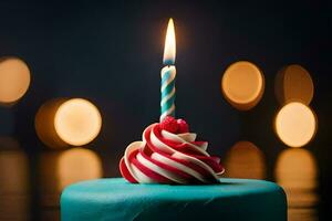 un' blu compleanno torta con un' singolo candela. ai-generato foto