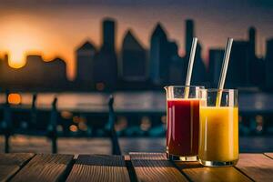 Due bicchieri di succo con un' città orizzonte nel il sfondo. ai-generato foto