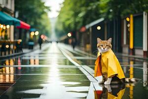 un' gatto nel un' impermeabile in piedi su un' bagnato strada. ai-generato foto