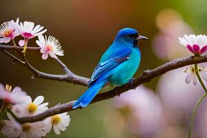 un' blu uccello è arroccato su un' ramo con rosa fiori. ai-generato foto
