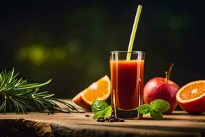 un' bicchiere di succo con un Mela e arance. ai-generato foto