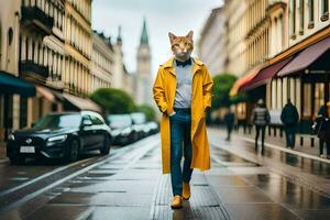 un' uomo indossare un' Volpe maschera passeggiate giù un' città strada. ai-generato foto