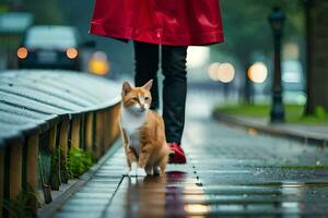 un' gatto a piedi su un' bagnato marciapiede. ai-generato foto
