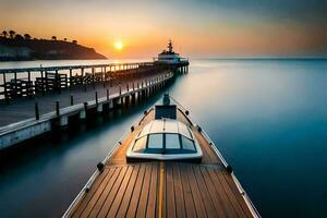 un' barca attraccato a il molo a tramonto. ai-generato foto