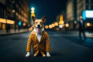 un' cane indossare un' completo da uomo e cravatta seduta su il strada. ai-generato foto