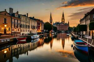 Barche siamo attraccato nel un' canale a tramonto. ai-generato foto